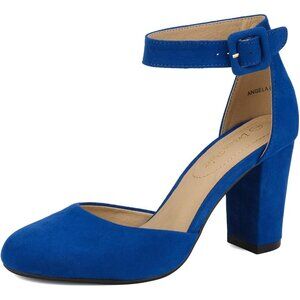 Dream Pairs Women Royal Blue Faux Suede Block High Heel Closed Toe Sandal